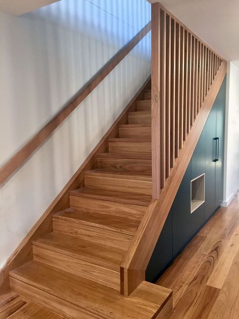 Slatted Wood Staircase, Modern Staircase With Storage, Stairs With Under Storage, Timber Batten Stair Balustrade, Stair Railing Basement, Stairs With Slats, Wood Slats Stair Railing, Slats Staircase, Staircase Slats