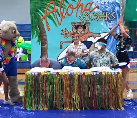 Hawaiian Themed Pep Rally 8•26•16 Teacher Game Fiesta Theme Pep Rally, Tropical Theme Football Game, Hawaiian Pep Rally Posters, Hawaiian Pep Rally, Beach Theme Pep Rally, Hawaiian Themed Pep Rally, Aloha Pep Rally, Pep Rally Outfits, Pep Rally Themes