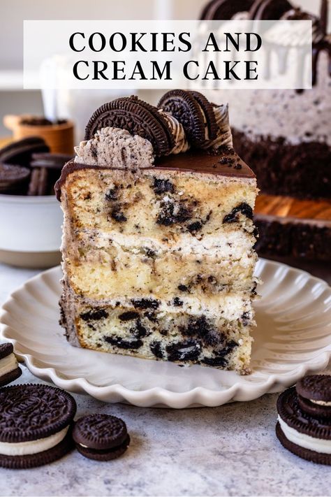 This Cookies and Cream Cake is delicious! Layers of Cookies and Cream Cake with pieces of Oreo cookies baked into the batter, filled with a Cookies and Cream Mousse, and frosted with Cookies and Cream Frosting. The cake is topped with a Ganache drip, and more Oreo cookies. Cookie And Cream Cake, Oreo Cake Filling, Cookies And Cream Mousse, Cookies And Creme Cake, Cookies N Cream Cake Recipe, Oreo Cookie Cake, Cookies And Cream Frosting, Ganache Drip, Cookies And Cream Cake