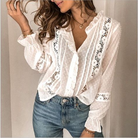 a3545bd79d31f9a72d3a78690adf73fcdesc49132491ri Elegant Polka Dot Blouse With Buttons, Elegant White Swiss Dot Blouse, Casual White Swiss Dot Blouse, Women Blouses Fashion Casual, Woman Blouse Fashion, Lace Blouse Long Sleeve, White Lace Blouse, Flare Long Sleeve, Vintage Blouse