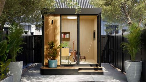 Small Garden Office Pod, Minimal Backyard, Prefab Adu, Prefab Office, Livable Sheds, Backyard Office Shed, Office Shed, Pod House, Backyard Studio