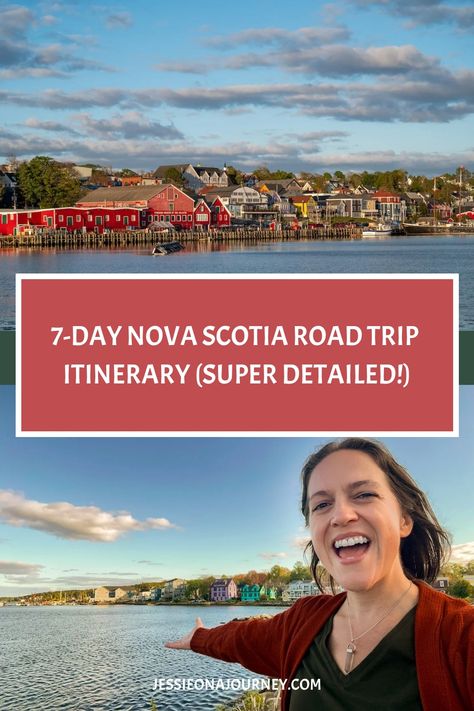 Pinterest pin that shows a woman traveling in Nova Scotia. Nova Scotia Road Trip Itinerary, Travel Nova Scotia, Honeymoon Canada, Cabot Trail Nova Scotia, Nova Scotia Road Trip, Halifax Public Gardens, Nova Scotia Travel, Visit Nova Scotia, Downtown Halifax