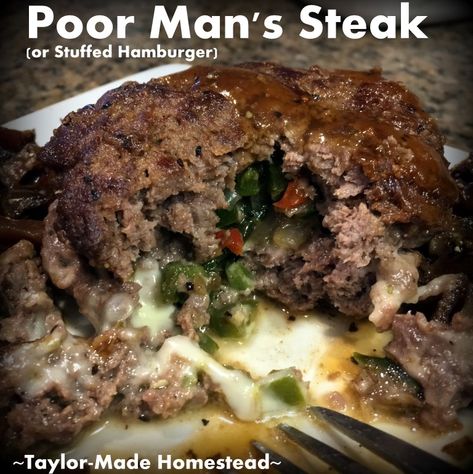 Poor-Man's Steak - a thick serving of hamburger stuffed with grilled onions & peppers along with melted cheese. It's served on top of fried potatoes & topped with brown gravy. #TaylorMadeHomestead Poor Mans Recipes, Hamburger Meat Recipes Ground, Sauteed Peppers And Onions, Hamburger Steak, Country Recipes, Hamburger Meat Recipes, Thrifty Thursday, Poor Man, Brown Gravy