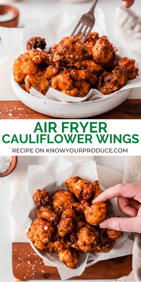 These Air Fryer Cauliflower Wings are packed full of flavor and become crispy on the outside and tender on the inside from air frying. Air Fryer Cauliflower Wings, Vegetarian Party Snacks, Vegetarian Wings, Bbq Cauliflower Wings, Healthy Chicken Wings, Air Fryer Cauliflower, Vegetarian Party, Bbq Cauliflower, Garlic Parmesan Sauce