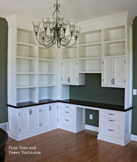 Dining Room/ Home Office built-ins #builtindesk #builtinbookcase #builtinbookshelves #woodworkingdiy Office Built Ins Corner, Corner Built In, Home Office Built Ins, Office Built Ins, Dream Craft Room, Dining Room Home Office, Craft Room Office, Built In Desk, Sewing Rooms