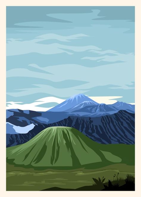 illustration of a view of Mount Bromo from Indonesia, good for posters etc Mountains Illustration, Mount Bromo, View Illustration, Idul Adha, Mountain Drawing, Mountain Illustration, City Icon, Canvas Painting Designs, Comic Drawing