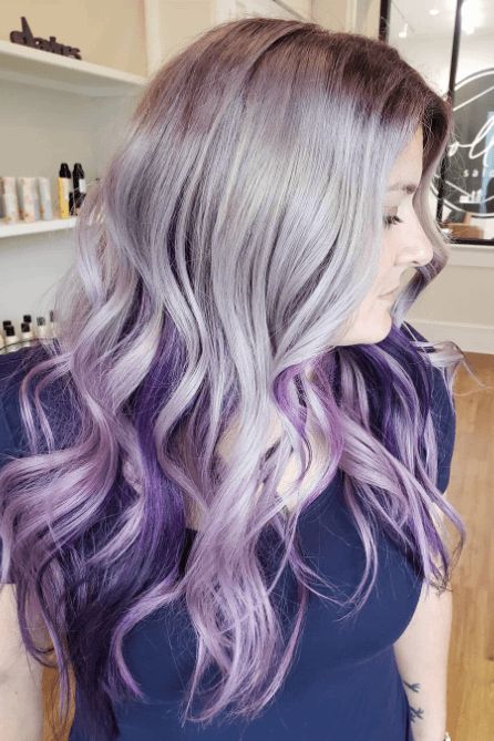 silver hair, purple hair, hairstyle ideas Silver Hair With Purple Ends, Silver And Purple Hair, Silver Purple Hair, Purple Hair Ideas, Purple Waves, Purple Ombre Hair, Thick Braid, Olive Skin Tone, Hair Color Burgundy