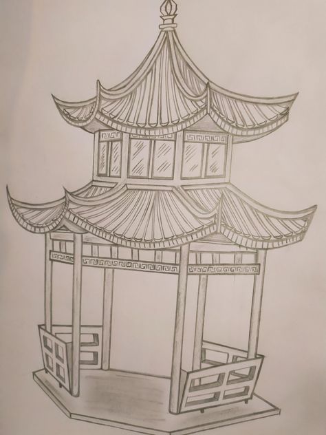 Chinese Pagoda, Korean Illustration, Chinese House, Chinese Temple, Building Sketch, Interior Design Sketches, Arch Design, Easy Doodle Art, House Drawing