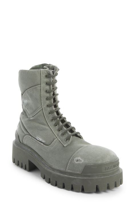 Balenciaga Strike Combat Boot available at #Nordstrom Balenciaga Strike Boots, Womens Combat Boots, Lace Up Combat Boots, Combat Boot, Footwear Design Women, Lug Sole, Up Styles, Side Zip, Hiking Boots