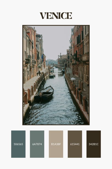 A brown and teal color palette based on this muted photo of a Venice, Italy canal. Perfect for designing posters, logos, websites, apps, and more! Muted Teal Color Palette, European Wedding Color Palette, Venice Color Palette, Travel Colour Palette, Italy Colour Palette, European Color Palette, Italy Color Palette, Graphic Design Color Palette, Italian Color Palette