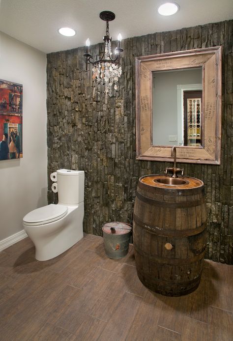 Wine Barrel Bathroom Sink Wine Barrel Sink, Whiskey Barrel Sink, Wine Barrel Chairs, Rustic Powder Room, Unique Bathrooms, Barrel Sink, Wine Barrel Ideas, Wine Barrel Furniture, Barrel Ideas