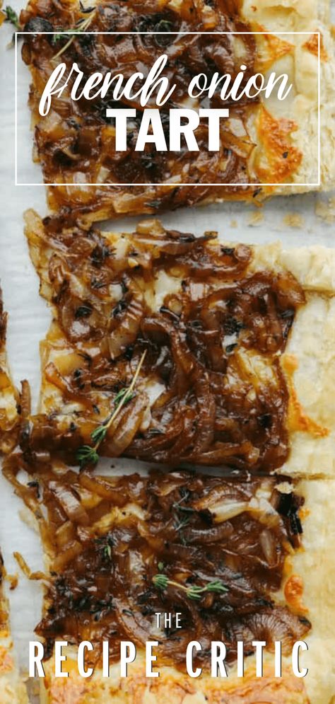 This tender and delicious puff pastry topped with caramelized onions makes the perfect appetizer or side dish! It is insanely delicious and worth being served at any party or get-together! Brie With Caramelized Onions, French Onion Tart, Palmiers Recipe, Caramelised Onion Tart, Pastry Cook, Onion Tart, The Recipe Critic, Recipe Critic, Pastry Tart