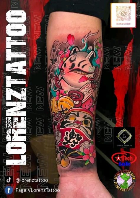 Daruma Doll Tattoo, Lucky Cat Tattoo, Cool Back Tattoos, Colour Tattoo, Japanese Animals, Doll Tattoo, Daruma Doll, Angel Tattoo Designs, Samurai Tattoo