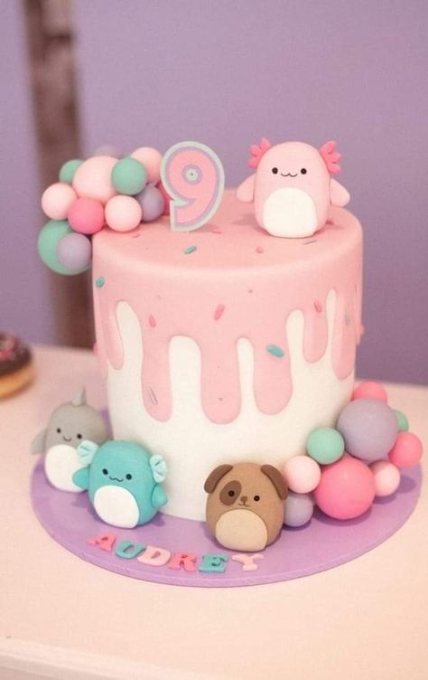 Unicorn Squishmallow Cake, Squishy Party Ideas, 6th Birthday Girl Cake, Squishmellow Cake Ideas, Squishmallow Birthday Party Cake, Axolotl Cake Ideas, Squishmallows Cakes, Kawaii Cakes Birthday, Axolotl Birthday Party Ideas