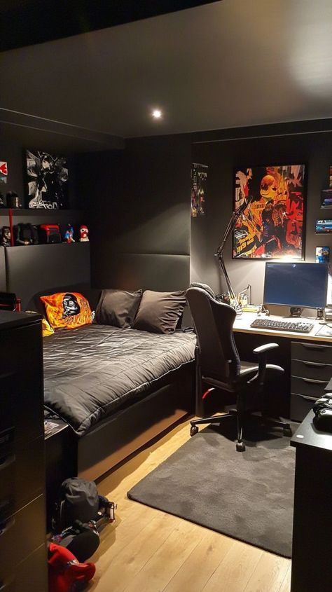 Room Ideas Men Bedrooms, Men’s Black Bedroom, Gaming Room Boys Bedroom, Perfect Room Ideas Bedrooms, Gaming Room Bed, Room For Men Ideas, Gaming Room Minimalist, Mens Room Design, Bedroom Gaming Setup Ideas