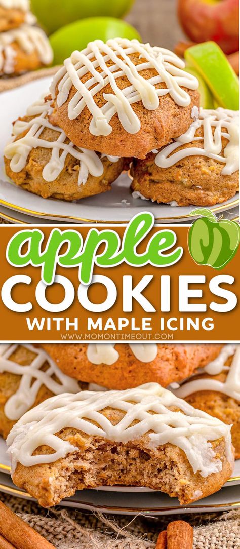 Freshly baked Apple Cookies with Maple Icing are the perfect fall treat! Soft, chewy, apples in every bite and packed with spice, this easy apple cookie recipe is sure to be a hit. Top them off with a decadent maple icing and you’re ready to indulge all season long! Apple Cookie Recipe, Goat Treats, Apple Cookies Recipes, Maple Icing, Apple Cookie, Cookies Light, Mom On Timeout, Maple Frosting, Pie Crumble