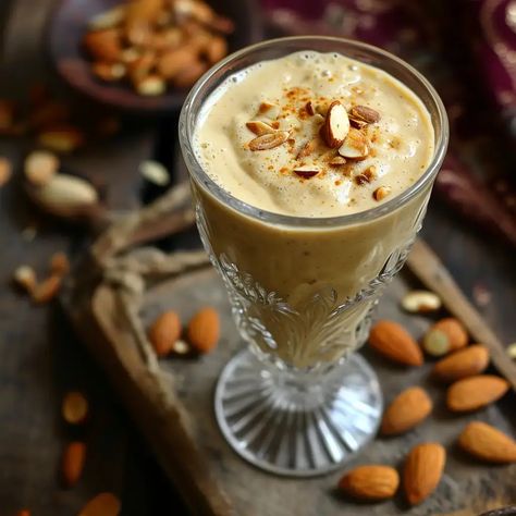 Badam Shake is a sweet, creamy beverage made from almonds (badam in Hindi). The almonds are usually soaked overnight, peeled, and then blended with milk to create a smooth, rich shake. It's commonly sweetened with sugar, though healthier alternatives like honey or jaggery can also be used. The drink is often flavored with cardamom or saffron and garnished with chopped nuts, adding a layer of complexity to its flavor. Badam Shake, Almond Shake, Fusion Recipes, Healthier Alternatives, Dosa Recipe, Tastemade Recipes, Sweet Recipe, Easy Smoothie Recipes, Fusion Food