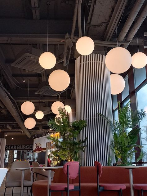 Warehouse Lighting Ideas, High Ceiling Cafe, Memory Architecture, Restaurant Board, Atrium Ideas, Factory Restaurant, Library Lighting, Organic Lighting, Boba Shop