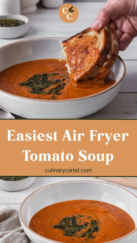 This is the ultimate comfort dish, and it’s truly the easiest tomato soup recipe ever – plus it’s made with an air fryer! Win! #airfryerrecipes #airfryer #airfryerrecipeshealthy #tomatosoup #tomatosouprecipe #tomatobasilsoup | culinarycartel.com Tomato Soup Air Fryer, Airfryer Soup Recipes, Air Fryer Roasted Tomato Soup, Soup In Air Fryer, Air Fryer Tomato Recipes, Air Fryer Tomato Soup, Air Fryer Soup Recipes, Tomato Air Fryer, Foods For Easter