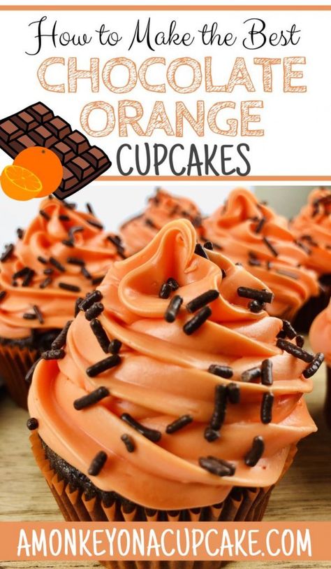 "Indulge in the delightful blend of chocolate and orange with our Chocolate Orange Cupcakes 🍫🍊🧁 A treat for the senses!" Chocolate Cupcakes With Orange Frosting, Chocolate Orange Cupcakes Recipe, Orange Colored Desserts, Chocolate And Orange Cupcakes, Cupcake Recipes Unique, Blue Velvet Cupcakes, Chocolate Orange Cupcakes, German Chocolate Cupcakes, Cake Mix Cupcakes