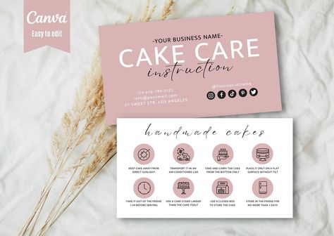 Cake Care Card Template, Canva Editable Cake Care Guide, Printable Pink color Cake Care Cards, Cake Care Instructions, Bakery Business Card. Cake Business Card Design, Pink Color Cake, Cake Care Card, Cake Business Cards, Cards Cake, Color Cake, Loyalty Card Template, Boho Cake, Bakery Business Cards