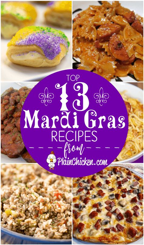 Top 13 Mardi Gras Recipes to celebrate Fat Tuesday. Cajun pasta, dirty rice, red beans and rice, Po Boys and KING CAKE! All you need is a Hurricane and you are set to let the good times roll! #mardigras Mardi Gras Appetizers, Fat Tuesday Food, Mardi Gras Party Food, Mardi Gras Recipes, Mardi Gras Dinner, Fat Tuesday Party, Mardi Gras Party Decorations, Madi Gras, New Orleans Recipes