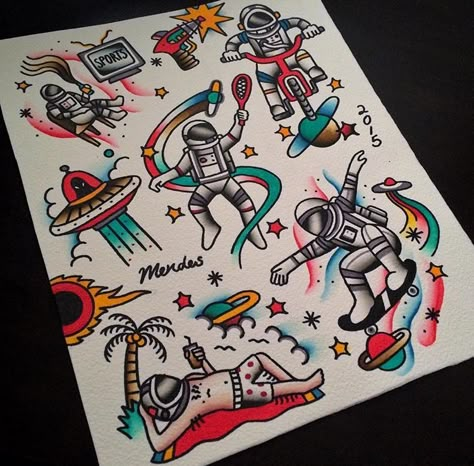 Funny astronouts traditional tattoo designs in colour. Trad Space Tattoo, Sci Fi American Traditional Tattoo, Funny Neo Traditional Tattoo, Traditional Tattoos Space, Neo Traditional Space Tattoo, Science Traditional Tattoo, Traditional Sci Fi Tattoo, Astronaut Traditional Tattoo, Colour Tattoo Designs Drawings