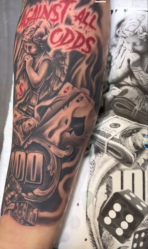 Hood Arm Sleeve Tattoos, Above Arm Tattoo, Lifes A Risk Carnal Tattoo, The Root Of All Evil Tattoo, Tattoos With Red Ink Men, Meaniful Tattoos For Men, C.r.e.a.m Tattoo, By Any Means Tattoo, Hustle In Silence Tattoo