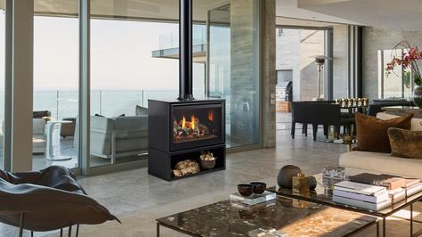 Supreme Freestanding Indoor Gas Fireplace | Heat & Glo Indoor Gas Fireplace, Vented Gas Fireplace, Outdoor Wood Fireplace, Fireplace Heat, Fireplace Fronts, Modern Lodge, Wall Mount Fireplace, Gas Fireplace Insert, Brick Interior