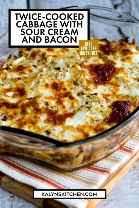 Twice-Cooked Cabbage with Sour Cream and Bacon is really a wow when you're looking for an interesting low-carb and Keto side dish! Or use more bacon if you prefer and eat the tasty twice-cooked cabbage for a main dish! [found on kalynskitchen.com] #TwiceCookedCabbage #CabbageCasserole Twice Cooked Cabbage With Sour Cream And Bacon, Keto Kale Recipes, Cabbage Keto Recipes, Cabbage Keto, Keto Cabbage Recipe, Bacon Cabbage, Cabbage Casserole Recipes, Baked Cabbage, Keto Side