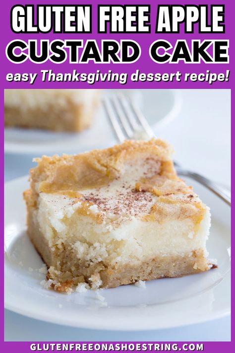 a dessert bar with a crust and a thick layer of custard Gluten Free Apple Cake Easy, Gluten Free Apple Desserts, Gluten Free Dessert Ideas, Apple Custard Cake, Easy Gluten Free Dessert, Recipes Apples, Dairy Free Custard, Christmas Dessert Menu, Easy Thanksgiving Dessert