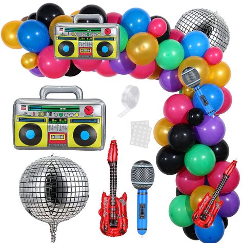 Colorful Balloon Arch, Disco Balloons, Ball Balloons, 90s Party Decorations, 80s Birthday, 90s Birthday, Hoco Ideas, Disco Party Decorations, Music Themed Parties