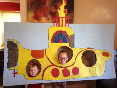 Beatles theme 2nd birthday Yellow submarine photo booth made out of cardboard Beatles Theme, Yellow Submarine, Second Birthday, Bible Studies, Outdoor Parties, Photo Prop, 2nd Birthday, Submarine, Making Out