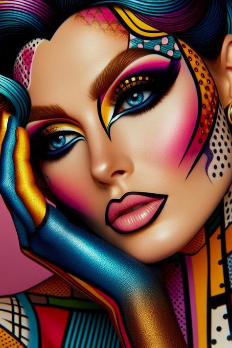 #makeup#art#wallpaper#AI#beauty#skin#smoothskin#lipstick#hairstyle#jewelry#fashion Face Painting Designs Creative For Women, Pop Art Eye Makeup, Lipstick For Wedding, Abstract Makeup Art, Abstract Face Painting Makeup, Best Drugstore Waterproof Mascara, Pop Art Halloween Makeup, Comics Makeup Pop Art, Costume Women Halloween