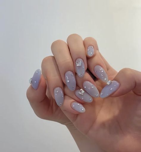 Nail Extension Aesthetic, Korean Nail Art Sparkle, Chinese Nail Art Acrylic, Matte Korean Nails, Nail Extensions Glitter, One Gem Nails, Cute Korean Style Nails, Simple Chinese Nails, Twice Concert Nails