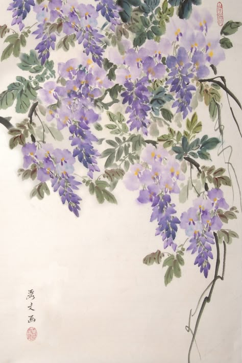 Challenge yourself with a different style of painting in our NEW class, Chinese Brush Painting! "Wisteria" by instructor Li-Wen Quach. Art Chinois, Japanese Watercolor, Japanese Flower, Chinese Brush Painting, 수채화 그림, Art Japonais, Japanese Painting, Botanical Drawings, Chinese Painting