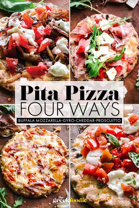 What Can I Make With Pita Bread, Pita Pizza Air Fryer, Pita Pizza Oven, Pita Pizzas Recipes, What To Eat With Pita Bread, Greek Pita Pizza, Air Fryer Pita Pizza, Pita Pizza Recipes, Pita Bread Ideas