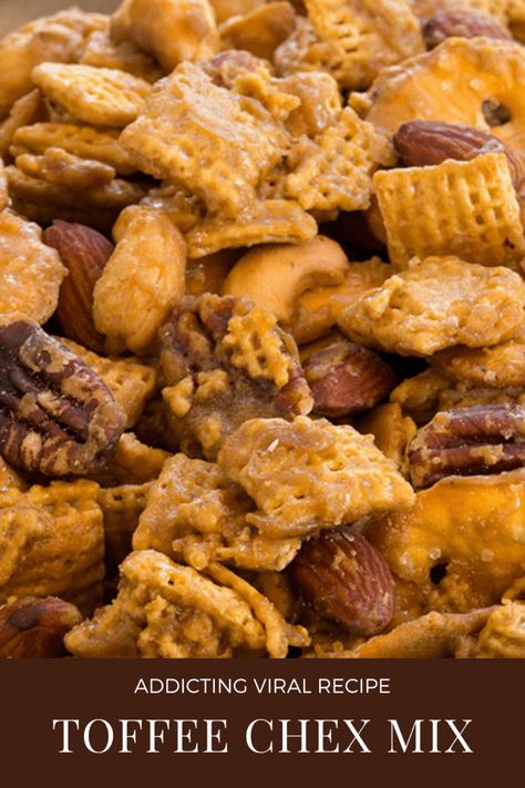 Ridiculously Addicting Toffee Chex Mix Recipe - Everyday Dishes Payday Mix Recipe, Treat Mix Recipes, Easy Churro Chex Mix Recipes, Chex Snack Mix Recipes Sweets, Crockpot Trail Mix Recipes, Cinnamon Toffee Chex Mix, Sweet Party Mix Snacks, Easy Butter Toffee Pretzels, Chex Mix Candy Recipes