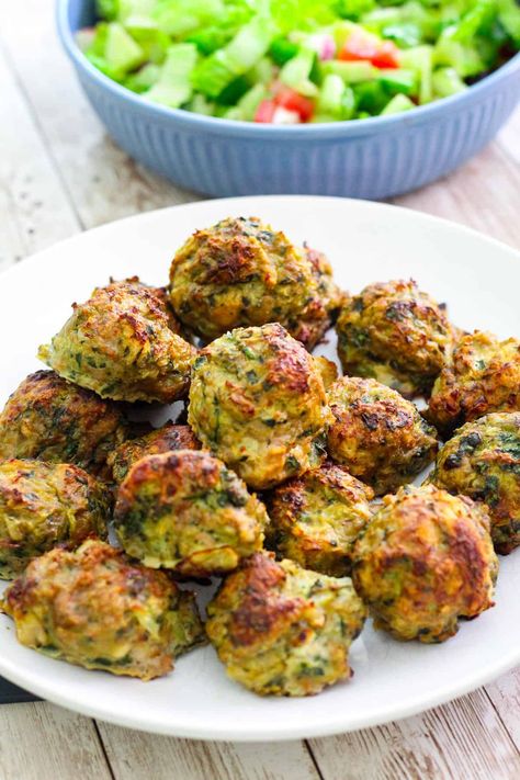 These baked turkey meatballs have 2 cups of spinach hidden in them. They make for a great option for family dinners. We serve ours with salad and potatoes or with a sauce over spaghetti. Meatballs Mediterranean, Mediterranean Turkey Meatballs, Turkey Meatballs With Spinach, Meatballs With Spinach, Dinners For Busy Nights, Baked Turkey Meatballs, University Food, Ground Beef Meatballs, Comfort Food Dinners