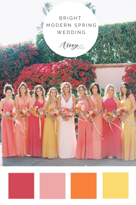 Colorful Wedding Flowers Bridesmaids, Spring Bright Wedding Colors, Pink And Orange Wedding Colors, Pinks And Orange Wedding, Vibrant Color Wedding Theme, Modern Colorful Wedding Flowers, Pink And Orange Wedding Palette, Pink And Orange Flowers Wedding, Pink And Orange Boho Wedding