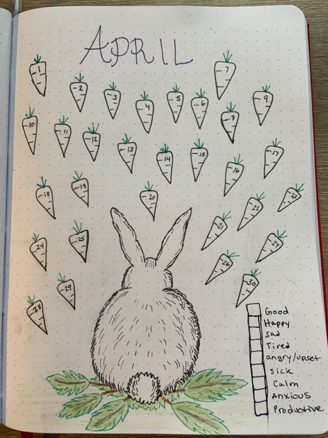 A rabbit with a lot of carrots to catch and eat to help you track your mood every day. Choose your own mood/emotions and pick a colour for each one. Colour it in with the mood from the day or more then one emotion you felt during the day. April Step Tracker Bullet Journal, Easter Journaling Ideas, Easter Mood Tracker, April Mood Tracker, April Bujo, Rabbit And Carrot, Bullet Journal Work, Year Journal, School Book Covers