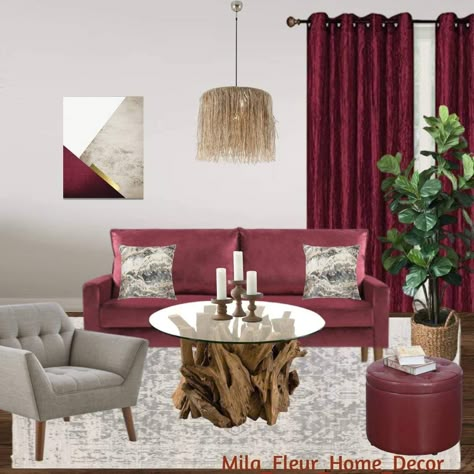 Burgundy And Blush Living Room, Grey And Maroon Living Room, Grey And Burgundy Living Room, Maroon Sofa Living Room Ideas, Maroon Living Room, Red Sofa Living Room, Blush Living Room, Burgundy Sofas, Glam Apartment