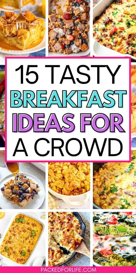 Nine photos of tasty breakfast ideas for a crowd including egg, french toast, sausage, cheesy hashbrown breakfast casseroles. Breakfast For Dinner For A Crowd, Breakfast For 15 People, Breakfast For 30 People, Breakfast Ideas For 20 People, Breakfast For A Crowd Crockpot, Breakfast For Large Group Easy, Breakfast Ideas For Large Groups, Easy Brunch Potluck Ideas, Savory Brunch Ideas For A Crowd