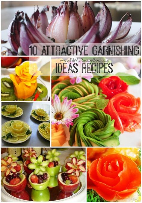 10 attractive garnishing ideas to make your dish look so attractive and still edible as well as very eye catching for the kiddies to eat them. They also very beautiful. Great ideas for displays at corporate events and weddings. To mention a few. Go and try them they not that difficult.... Plate Garnishes Ideas Food Presentation, Food Decoration Ideas Creative, Garnishes For Food, Vegetable Garnish Ideas, Vegetable Garnishes Food Decorations, Vegetable Art, Garnishing Ideas, Vegetable Flowers Garnish, Food Carving Fruits And Vegetables