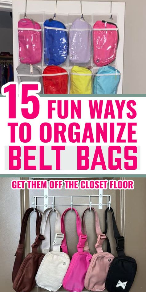 Pictures of how to organize belt bags in over the closet door shoe pockets and hooks Belt Bag Organization, Hanging Purses In Closet, Purse Storage Ideas Small Spaces, Diy Belt Bag, Hand Bag Storage Ideas, Closet Organized, Belt Storage, Belt Organizer, Diy Belts