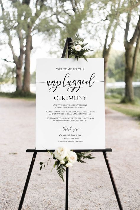 Unplugged Wedding Ceremony Sign, No Pictures, No Photos Please, Wedding Welcome Sign Template 100% Editable, Templett https://etsy.me/326F7HK #weddings #unpluggedceremony #etsy #paperpassiondesign No Photos Sign Wedding, Wedding No Photos Sign, No Photos Wedding Sign, Wedding Sign About No Phones, No Pictures During Ceremony Sign, No Phones During Ceremony Sign, Wedding Program Sign, Unplugged Wedding Sign, Pick A Seat