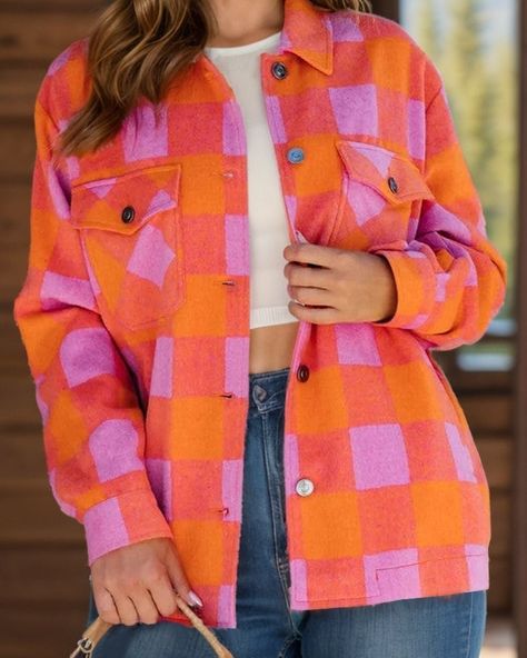 Color Block Plaid Button Up Long Sleeve Jacket. FREE SHIPPING! Available in S, M, L, XL for only $65.88! Normal Body, Orange Plaid, Looks Street Style, Collar Jacket, Mode Inspo, Plaid Blazer, Plaid Jacket, Long Sleeves Jacket, Easy Wear