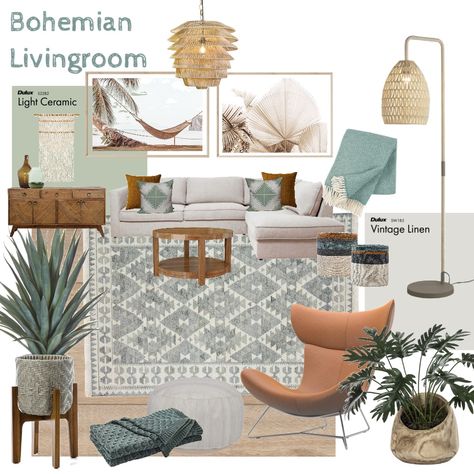 Beach Boho Interior Design, Costal Boho Interior Design, Boho Blues And Greens, Boho Material Board, Miami Mood Board, Scandi Mood Board Interior Design, Bohemian Mood Board Interior, Boho Coastal Living Rooms Blue, Coastal Boho Mood Board