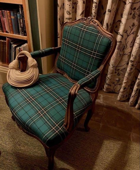 English Country Interior Design, Tartan Furniture, Tartan Chair, Monogram Chair, Plaid Bedroom, English Country Interiors, Tartan Decor, Scottish Interiors, Tweed Furniture