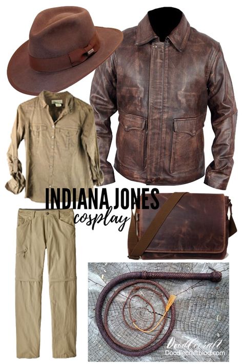 Make an Indiana Jones Halloween costume or cosplay easily with a fedora, leather jacket, button up shirt, tan pants, and a leather bullwhip...plus the Indiana Jones theme song playing on a loop! Indiana Jones Clothes, Indians Jones Costume, Indiana Jones Aesthetic Outfit, Diy Indiana Jones Costume, Indiana Jones Tattoo, Archaeology Outfit, Indiana Jones Outfit, Indiana Jones Aesthetic, Indiana Jones Halloween Costume